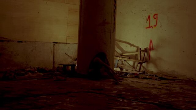 A powerful, moody shot showing a young female captive sitting in the dark corner of an abandoned factory, depicting the grim reality of forced captivity and physical abuse.