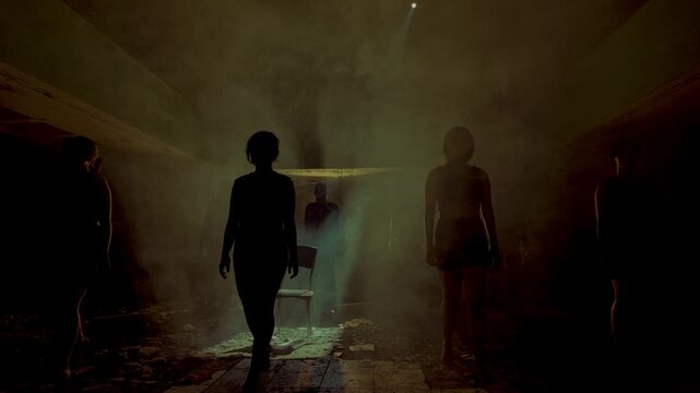 A chilling, cinematic scene showing multiple women standing motionless as silhouettes in a dark, smoke-filled room, while a mysterious figure watches from the background. Highly atmospheric.