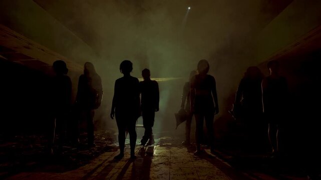 A mysterious group of shadowy figures stands motionless in a foggy, derelict building. The eerie backlighting creates a highly cinematic, cult-like atmosphere perfect for horror or thriller themes.