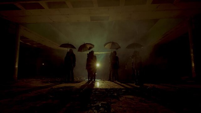 A surreal scene of unidentified people carrying umbrellas in an indoor, foggy ruin. The dramatic spotlighting from behind casts long shadows, ideal for strange, psychological, or dystopian projects.