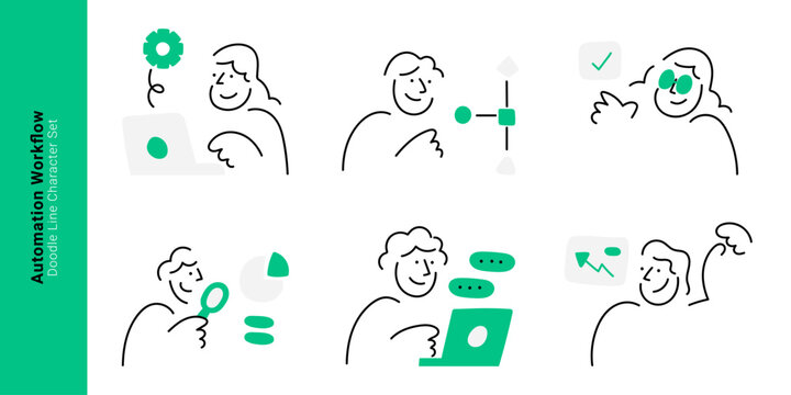 Automation workflow and business process concepts. Doodle line characters setting gear, connecting node, checking approval mark, and analyzing chat laptop.
