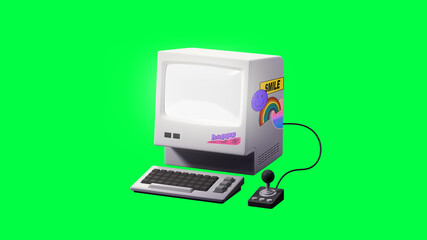 Retro computer with joystick stickers on green screen background © Rawpixel.com