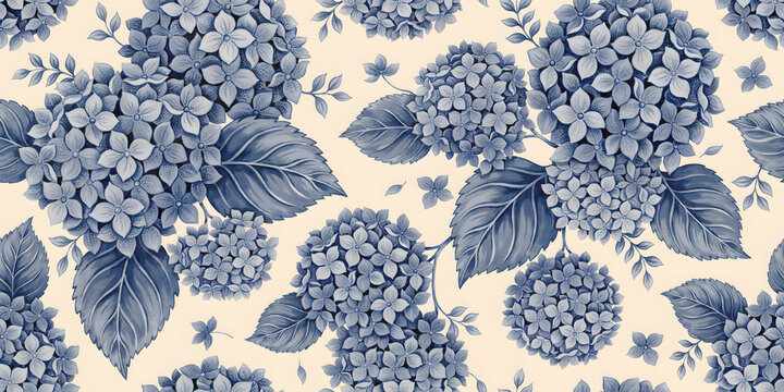 Seamless pattern of detailed blue hydrangea flower clusters and leaves on a soft cream background, for textile and wallpaper