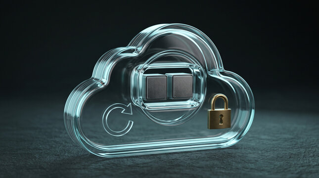 Glass cloud computing icon with server modules sync symbol and golden padlock representing secure data backup and storage on dark surface