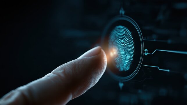 Fingerprint biometric identification and cyber security concept with a finger touching a glowing digital scanner interface
