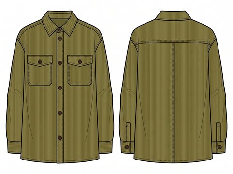 Olive green corduroy overshirt front and back technical fashion flat sketch