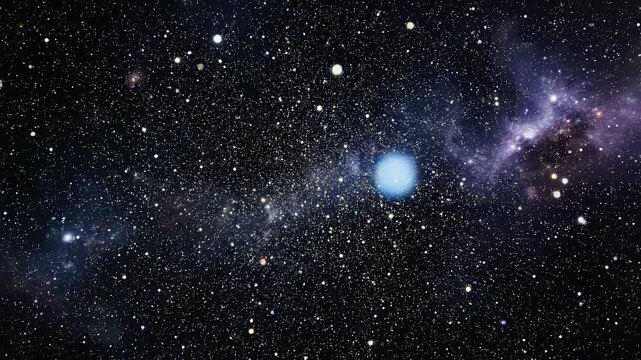 Celestial body moving through nebula with distant stars during cosmic exploration