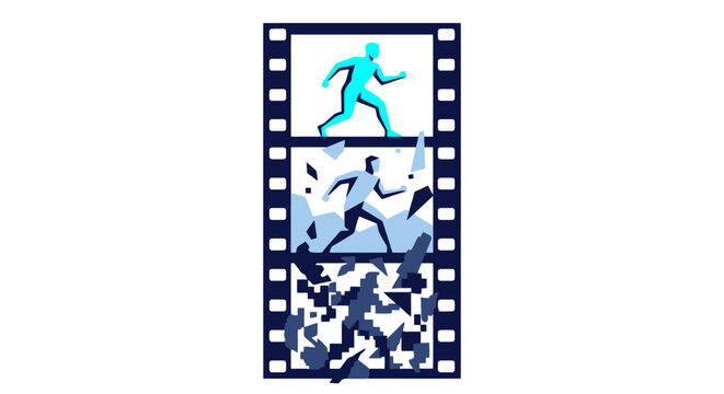Vertical film strip vector with running figure breaking through frames
