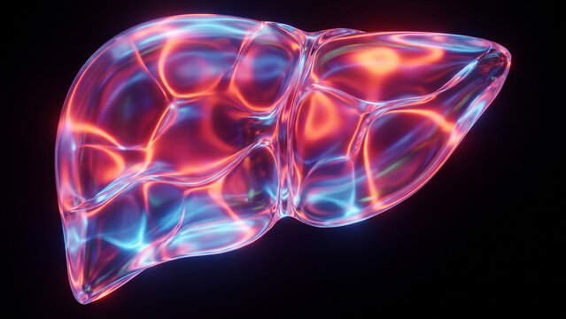結晶化された肝臓の実質を代謝発光が包み込む医療科学のCG背景
