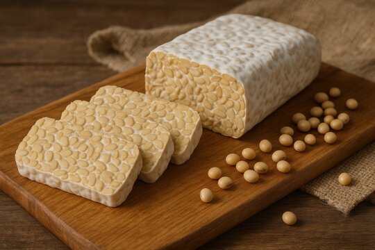 Tempeh slices with soybeans.