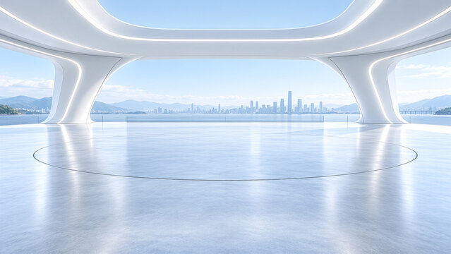 Futuristic white panoramic showroom interior with curved architecture, glossy reflective floor, open city skyline view, soft blue daylight, and spacious empty stage for luxury automotive presentation