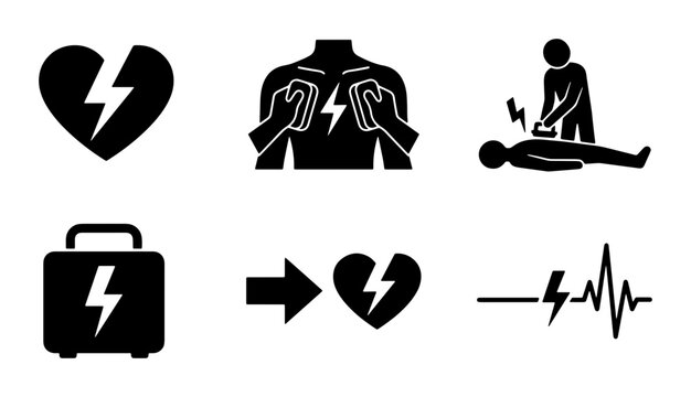 AED Defibrillator Icons, Cardiac Arrest, Heart Attack, Emergency Medical Symbols, Vector Set