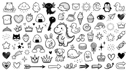 Fototapeta premium Kawaii Cute Character Doodle Sticker Sheet with Animals Food and Stars