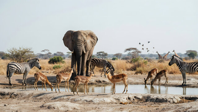 A african elephant standing near a waterhole with zebras and antelopes drinking in the dry savanna landscape under a bright clear sky