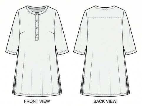 Modest tunic flat sketch with button placket front and back view