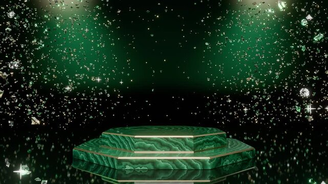 Product podium green malachite crystals luxury display loop emerald gold Green stone stage shines beneath floating crystals for product advertising beauty brands ecommerce and social media campaigns
