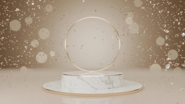 Product podium white marble gold circle display loop beige luxury Marble stage rests beneath a golden halo for product advertising beauty branding ecommerce displays and social media campaigns