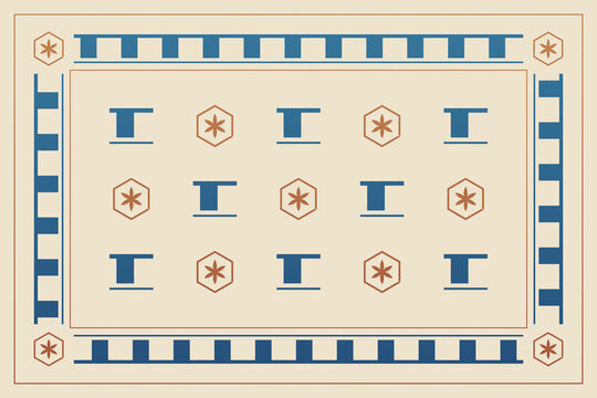 A symmetrical folk-inspired border combines teal geometric marks and terracotta floral medallions on cream, creating a refined decorative frame for stationery, invitations, or branding.