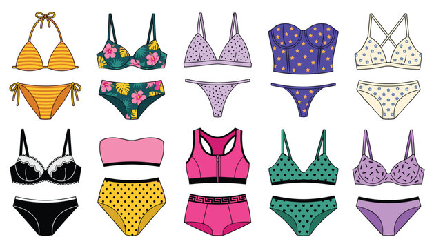 Female lingerie flat design vector icon set with patterned bikinis strapless tops high waisted panties and sports bra sets