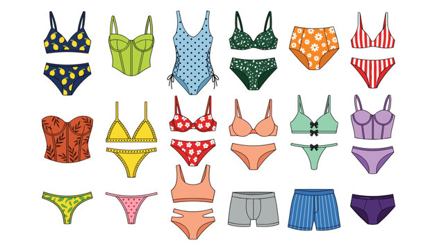 Female lingerie and male underwear flat design vector icon set featuring colorful swimsuits brassieres briefs shorts and thongs