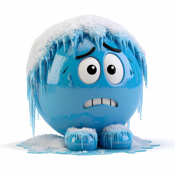 A sad blue 3D character with a worried expression stands covered in snow and icicles while feeling very cold in a winter environment