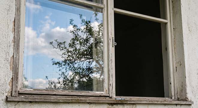 Weathered old window reflecting blue sky clouds and tree branches