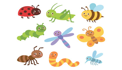 Obraz premium Collection of various colorful bug characters elements in flat style for kids wallpaper learning book illustration project