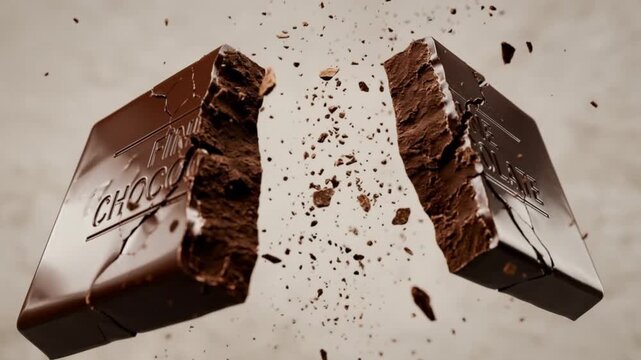 A captivating close-up of a dark chocolate bar dramatically breaking apart in a slow-motion digital simulation, with delicious fragments exploding.