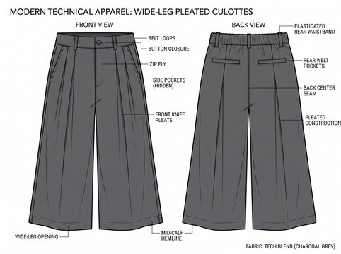 Technical fashion sketch of wide leg pleated culottes with front and back view