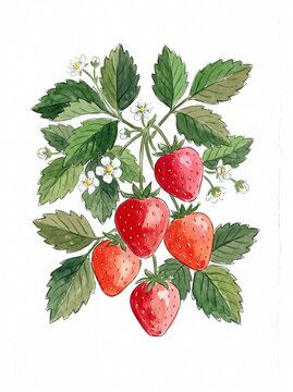 Raw Imperfect Hand Painted Watercolor Strawberry Plant with Ripe Red Fruit and Green Leaves