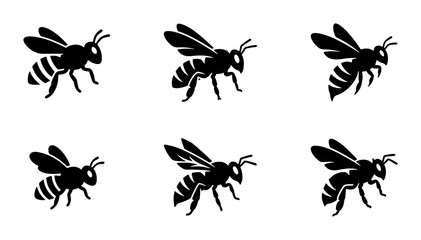 Fototapeta premium Six Black Bee Icons, Insect Vector Graphics, Flying Honeybee Silhouettes for Nature and Wildlife Designs