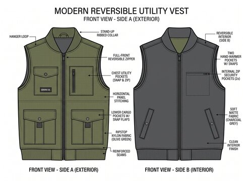 Technical flat sketch of a modern reversible utility vest with pockets