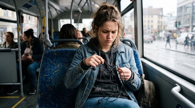 Person Untangling Earphone Wires on Bus Photo