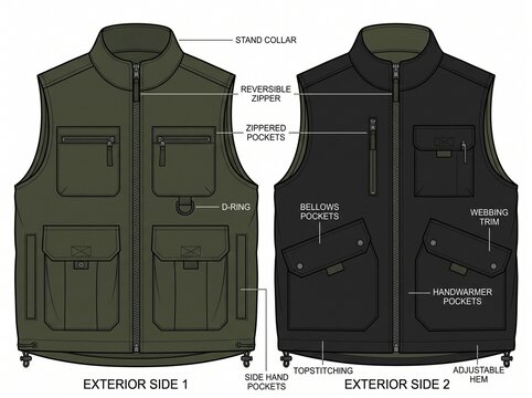 Technical reversible utility vest fashion design flat sketch with labels