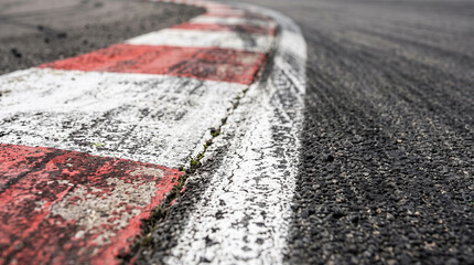 Obraz premium Textured Asphalt Race Track Surface with Red and White Apex Curb and Rubber Skid Marks, Low Angle Perspective of Motorsport Circuit for Speed and Automotive Design Concepts