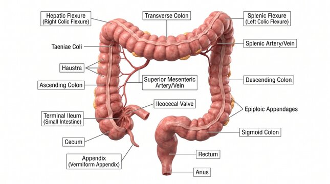 3D Medical Render of the Human Large Intestine and Colon Anatomy with Labeled Parts on a White Background