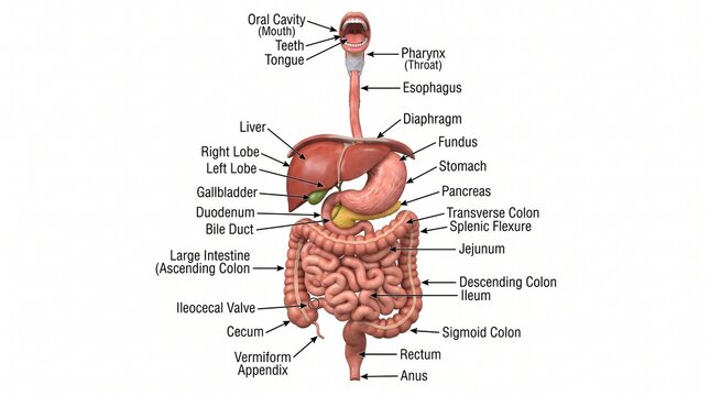 Human Digestive System Anatomy Diagram with Labeled Organs and Tract