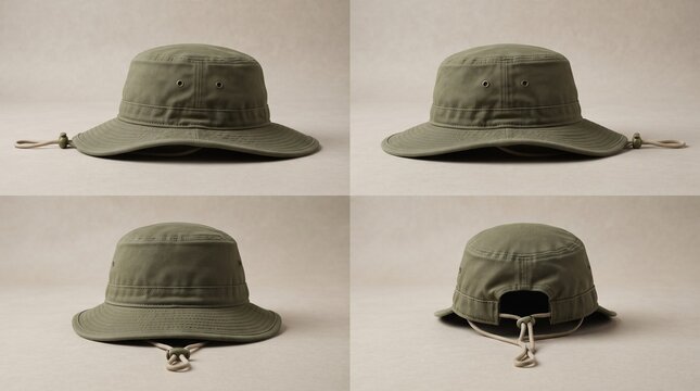 Multi-angle showcase of an olive green canvas bucket hat with adjustable chin strap on a beige studio background