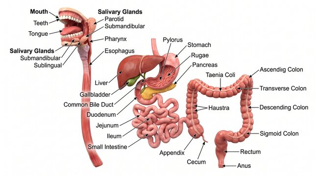 Detailed Human Digestive Tract and Gastrointestinal System Diagram