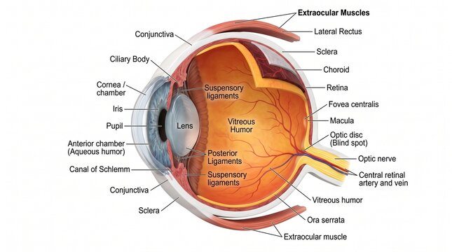 Comprehensive 3D render of a human eye cross section with labels for extraocular muscles retina and optic nerve on white background