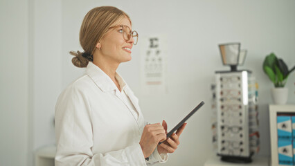 Woman optician wearing white coat holds tablet and taps screen by eyeglasses display and eye chart in building  confidence care precision. © Krakenimages.com