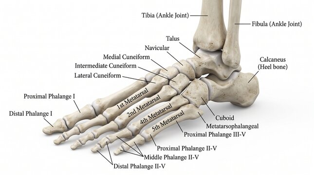 Detailed 3D render of the human foot skeleton with anatomical labels for tarsals, metatarsals, and phalanges on white