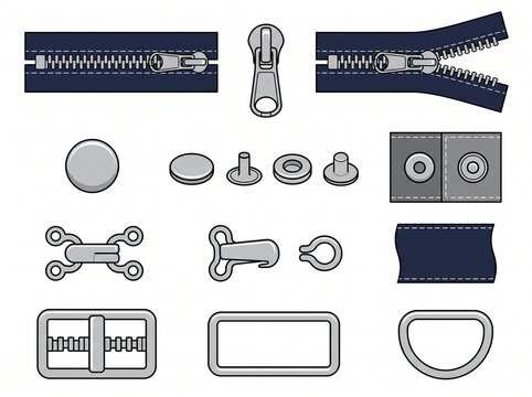 Set of clothing hardware fasteners and metal zippers on white background