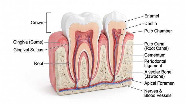 3D render of human teeth cross section including molar and premolar roots gums and alveolar bone anatomy with labels on white background