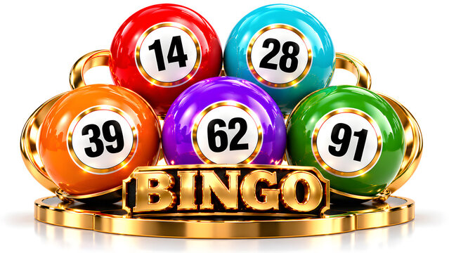 Five colorful bingo balls numbered 14, 28, 39, 62, and 91 arranged on golden stand with bingo sign