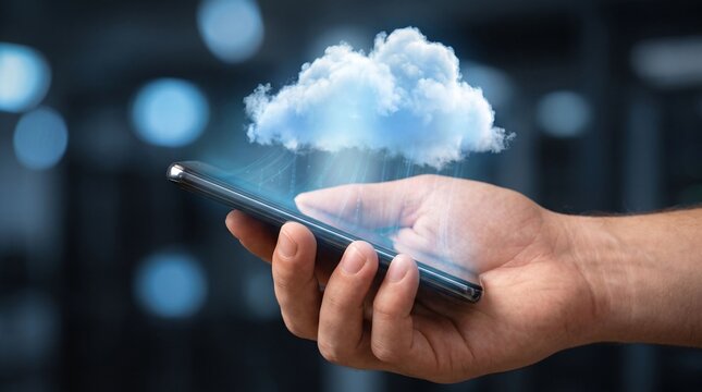 Concept of swift enhanced cloud computing technology showing a hand holding a generic smartphone with a digital floating cloud and high speed data transfer lines in a futuristic office background