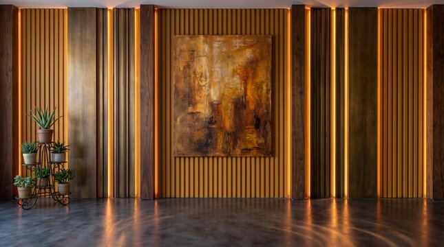Warm executive studio background with vertical ribbed acoustic paneling, natural timber dividers, glowing amber LED light strips, and abstract art.