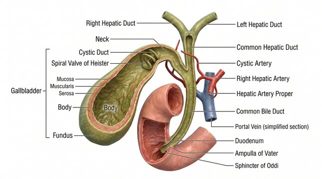 Detailed 3D render of human gallbladder and biliary system anatomy with labels showing hepatic ducts and cystic artery on white background