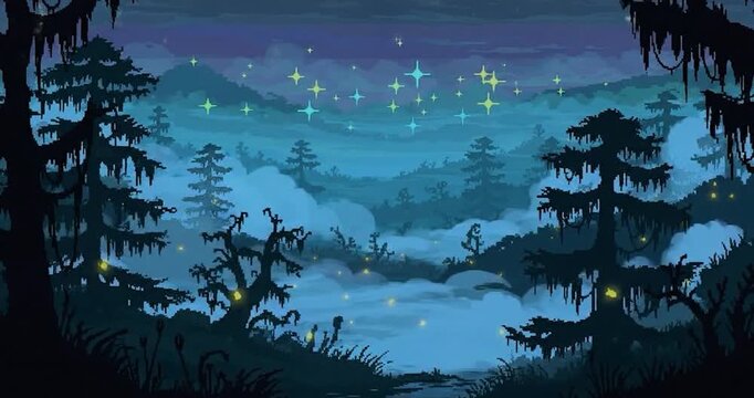 Mysterious dark forest with glowing fireflies pixel art.