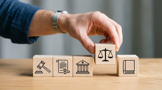 Hand placing a wooden block with a scale of justice icon
